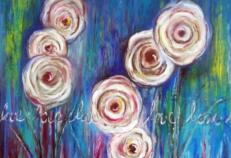 Primavera Love  “La cocina es el lugar donde pongo mi amor, fueron las palabras que me compartía la dueña de este cuadro, aquí florecen conversaciones, pongo mi amor y para mi cada flor es la familia y cada persona que viene aquí a disfrutar de mi comida llena de amor. Así que este cuadro es inspirado en ti que haces todo con amor.”